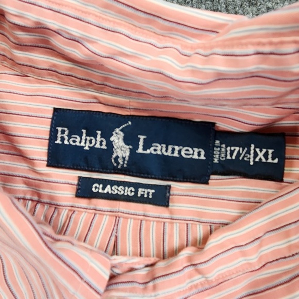 Ralph Lauren XL 17.5 Mens Classic Fit Striped Long Sleeve Button Peach - Picture 3 of 6